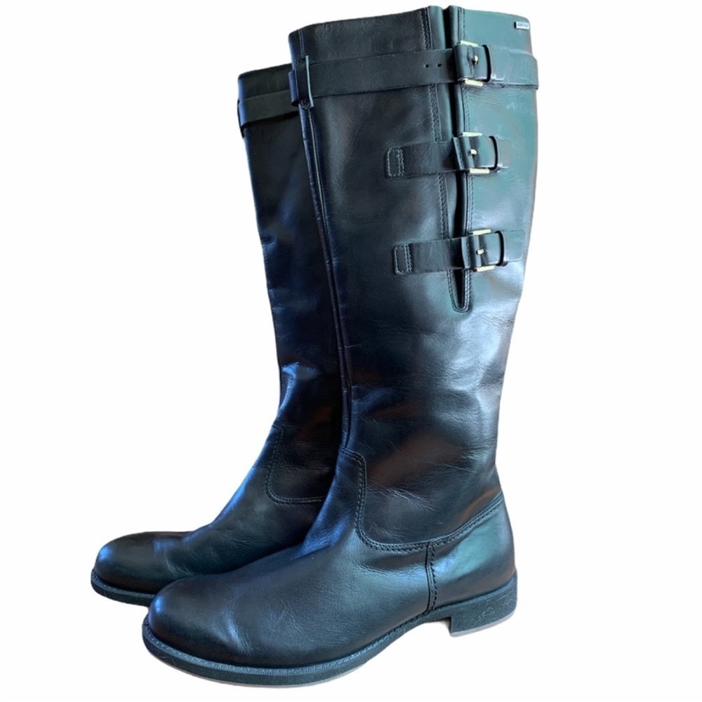 Ecco Black Leather Knee-High Buckle Rain Boots